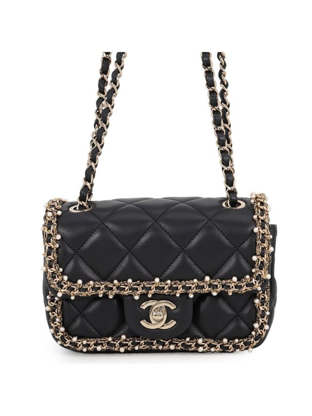 Chanel Chain Shoulder Bag Mini Quilted CC Logo Lambskin Faux Pearl Black